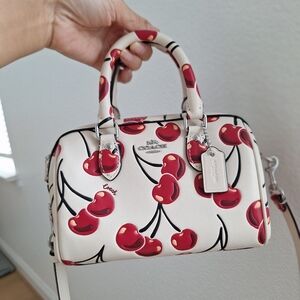 Coach Mini Rowan Crossbody Bag Cherry Print Leather Silver/Chalk Multi CY745 NWT